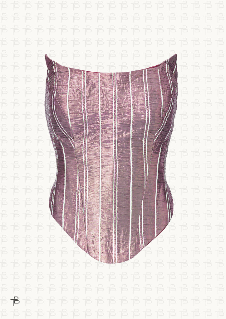 Ari Corset in pink, a sculpted striped top with vertical lines, fitted bodice, and structured silhouette.