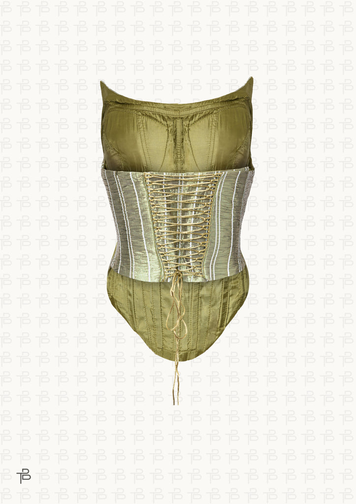 Ari Corset in olive, a sculpted striped top with vertical lines, fitted bodice, and structured silhouette.